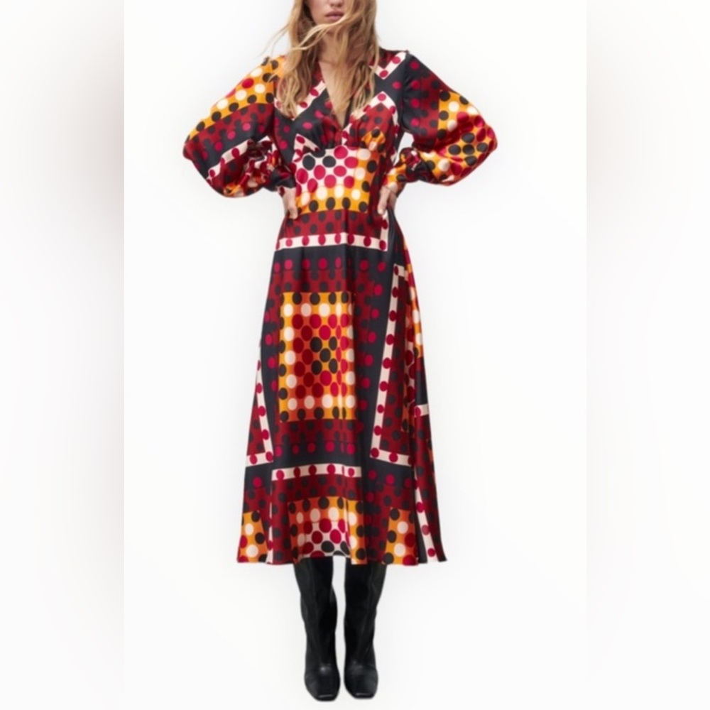 ZARA Women’s Multi Color Printed Midi dress V neck long sleeves Size Small